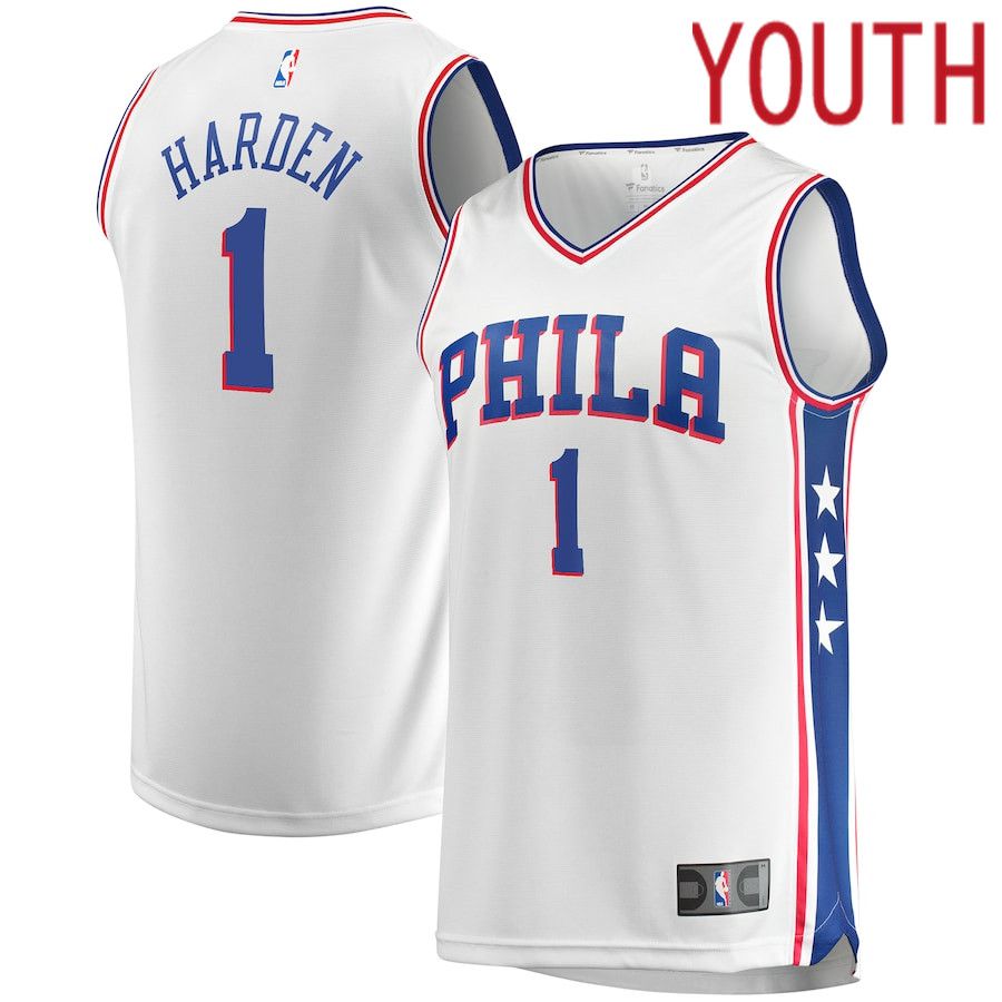 Youth Philadelphia 76ers 1 James Harden Fanatics Branded White Association Edition 2021-22 Fast Break Replica Player NBA Jersey